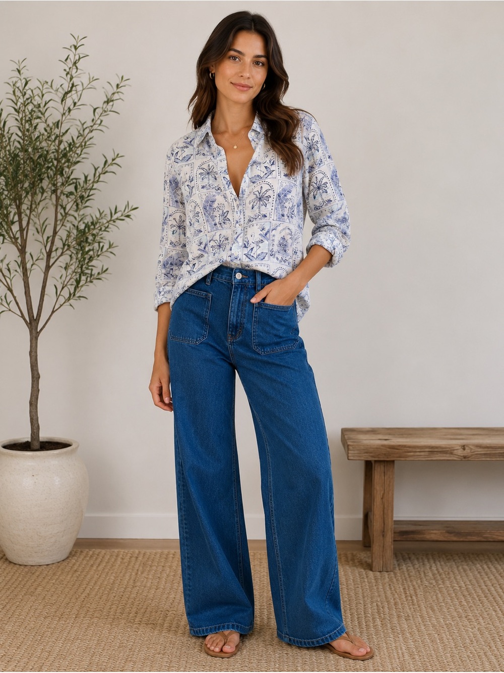 C&C California White Shirt with Blue Botanical Tile Print - 100% Linen